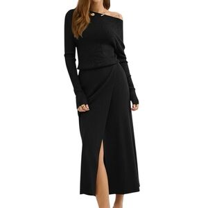 Commense Black Ribbed Knit Midi Maxi Dress Small Faux Wrap Slit Long Sleeve NWT